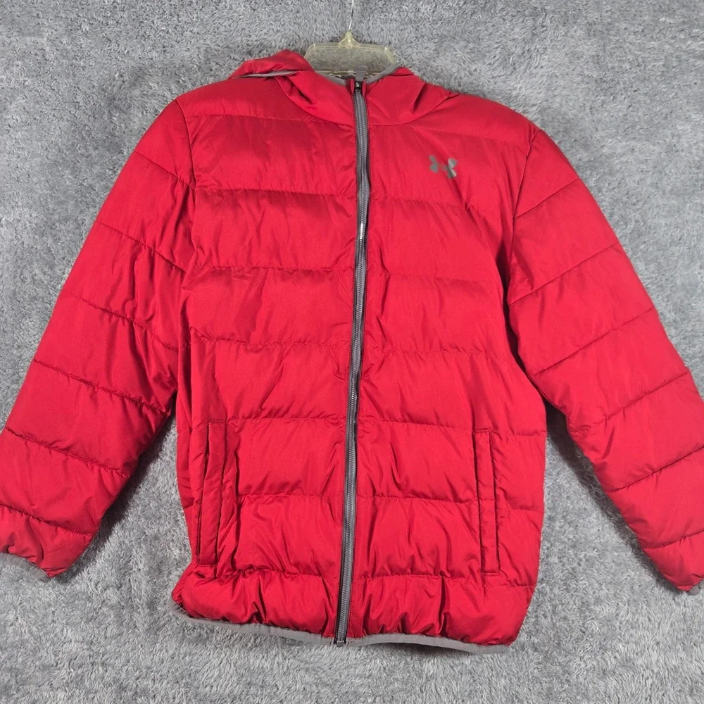 Under Armour Kids ColdGear Red Puffer Jacket Full Zip Hooded Coat YLG Large